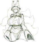  1girl :&lt; animal_ears breasts closed_eyes closed_mouth dress eyebrows_visible_through_hair facing_viewer fox_ears fox_tail gigantic_breasts greyscale hat highres long_sleeves monochrome multiple_tails pillow_hat short_hair simple_background sketch solo space_jin standing tabard tail touhou white_background yakumo_ran 