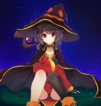  1girl black_hair cloak closed_mouth dress gloves hat highres himemiya_shuang kono_subarashii_sekai_ni_shukufuku_wo! looking_at_viewer megumin pants red_dress red_eyes short_hair sitting sky smile solo staff star_(sky) starry_sky 