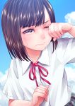  1girl bangs blue_sky blunt_bangs bob_cut brown_eyes brown_hair buttons closed_mouth clouds cloudy_sky collared_shirt commentary_request crying day eyebrows_visible_through_hair fingernails hand_on_own_face highres looking_at_viewer neck_ribbon one_eye_closed original ouhashi_(yumenosukima) outdoors pleated_skirt red_ribbon ribbon school_uniform shirt short_hair short_sleeves skirt sky solo tears white_shirt wiping_tears 
