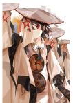  1girl ajirogasa bangs bird black_hair closed_mouth commentary_request cowboy_shot feathers frown hat holding japanese_clothes looking_at_viewer pointy_ears red_eyes shameimaru_aya short_hair standing star tetsurou_(fe+) touhou veil wide_sleeves wings 