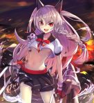  &gt;:d 1girl :d animal_ears azur_lane black_gloves breasts commentary_request dog fake_animal_ears fingerless_gloves gloves looking_at_viewer machinery minutachi navel open_mouth pleated_skirt red_eyes school_uniform serafuku silver_hair skirt smile tattoo turret under_boob yuudachi_(azur_lane) 