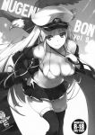  1girl absurdres animal azur_lane bangs bird breasts cleavage collarbone eagle enterprise_(azur_lane) eyebrows_visible_through_hair hand_on_hip hat highres jacket large_breasts leaning_forward long_hair midriff miniskirt monochrome off_shoulder open_clothes open_jacket pleated_skirt skirt smile solo thigh-highs tomose_shunsaku wings zettai_ryouiki 