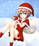  1girl bare_legs blanc blue_eyes blush boots brown_hair dress fur_trim gloves hat highres nekologia neptune_(series) open_mouth sack santa_boots santa_costume santa_gloves santa_hat short_hair snow snowing 