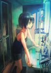  1girl bathroom black_eyes black_hair highres house indoors open_mouth shirt short_hair shorts sink standing tokunaga_akimasa 