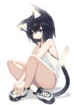  1girl animal_ears bangs black_hair blue_eyes blush breasts camisole cat_ears cat_tail closed_mouth full_body hair_between_eyes highres indian_style mamuru original shoes sideboob sidelocks simple_background sitting small_breasts sneakers solo tail white_background 