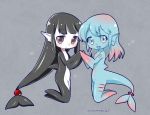  2girls :d animal_ears bangs blue_eyes blue_sclera blue_skin blunt_bangs blush bubble closed_mouth dorsal_fin eyebrows_visible_through_hair fang fins fish_tail floating from_side full_body gills grey_background grey_hair hand_holding head_fins kamaboko_(mato225) kneeling long_hair looking_at_viewer low-tied_long_hair multiple_girls no_feet no_hands nude open_mouth original red_pupils signature simple_background smile solo tail underwater very_long_hair 