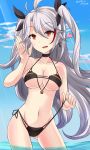  1girl :d azur_lane bikini black_bikini breasts brown_eyes choker cleavage clouds cloudy_sky collarbone commentary_request earring_removed hair_ribbon hebitsukai-san highres horizon large_breasts light_rays long_hair looking_at_viewer navel ocean open_mouth partially_submerged prinz_eugen_(azur_lane) ribbon silver_hair sky slit_pupils smile solo swimsuit two_side_up 