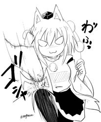  1girl :3 animal_ears artist_self-insert bangs black_legwear black_skirt blood crushing evil_grin evil_smile eyes_visible_through_hair foreshortening greyscale grin hat hitting inubashiri_momiji monochrome motion_lines pom_pom_(clothes) shaded_face shirt skirt smile taurine_8000mg tokin_hat touhou twitter_username white_shirt wide_sleeves wolf_ears 