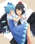 2girls arm_around_neck ascot barefoot black_hair black_skirt black_wings blue_bow blue_dress blue_eyes blue_hair bow brown_background carrying cirno closed_eyes collared_shirt commentary_request dress english hair_bow hat hug ice ice_wings multiple_girls neck_ribbon open_mouth pom_pom_(clothes) princess_carry puffy_sleeves red_hat red_ribbon ribbon roke_(taikodon) shameimaru_aya shirt short_hair short_sleeves skirt sleeveless sleeveless_dress smile tokin_hat touhou white_background white_shirt wing_collar wings yuri 