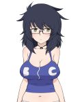  1girl alternate_skin_color andou_(girls_und_panzer) bangs bespectacled black-framed_eyewear black_hair black_neckwear black_ribbon blue_shirt breasts camisole casual cleavage closed_mouth eyebrows_visible_through_hair girls_und_panzer glasses green_eyes large_breasts light_frown long_hair looking_at_viewer messy_hair midriff navel neck_ribbon no_bra panties rectangular_eyewear ribbon shirt simple_background solo standing under-rim_eyewear underwear underwear_only upper_body wata_do_chinkuru white_background white_panties white_skin 