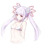  1girl arm_behind_head bangs bikini bikini_top blunt_bangs bottomless choker flower groin hair_flower hair_ornament hair_ribbon halterneck king&#039;s_raid long_hair navel oppaniichan out-of-frame_censoring pink_eyes pink_ribbon ribbon solo swimsuit twintails very_long_hair white_background white_bikini 