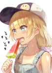  1girl baseball_cap blonde_hair blush brat collarbone eyebrows_visible_through_hair food hat heart heart-shaped_pupils highres licking long_hair looking_away open_mouth original overalls popsicle smile solo symbol-shaped_pupils tongue tongue_out upper_body watermelon_bar 