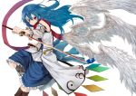  1girl adapted_costume blue_hair boots detached_sleeves feathered_wings grin headwear_removed hinanawi_tenshi judo_fuu katana long_hair looking_at_viewer multiple_wings red_eyes scarf skirt smile solo sword touhou weapon white_background white_wings wings 