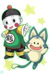  1boy animal artist_signature blush_stickers cat chaozu china_dress chinese_clothes dragon_ball dress happy hat looking_at_viewer open_clothes pale_skin puar simple_background smile star waving white_background 