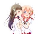  2girls ;o bangs blouse blowing_in_ear blunt_bangs blush breasts brown_hair buttons chocolate_hair closed_eyes collarbone commentary_request eyebrows_visible_through_hair flower gochuumon_wa_usagi_desu_ka? hair_flower hair_ornament hairclip hands_on_another&#039;s_shoulder heart hoto_cocoa hoto_cocoa&#039;s_school_uniform long_hair multiple_girls one_eye_closed open_mouth orange_hair plaid_sailor_collar pleated_skirt qutori red_sailor_collar red_skirt ribbon sailor_collar school_uniform serafuku short_hair short_sleeves simple_background skirt small_breasts ujimatsu_chiya upper_body violet_eyes white_background white_blouse white_flower white_ribbon wince yuri 