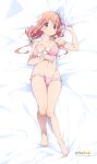  1girl absurdres artist_request bare_legs barefoot bed_sheet bikini breasts brown_eyes cleavage dakimakura eyebrows_visible_through_hair feet frill_trim front-tie_bikini front-tie_top full_body gluteal_fold hair_between_eyes hair_ornament hand_on_own_stomach highres hinako_note knees_together_feet_apart large_breasts long_hair looking_at_viewer low_twintails lying navel official_art on_back parted_lips pink_bikini pink_hair sakuragi_hinako sheet_grab solo swimsuit twintails 