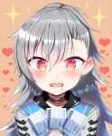  1girl blush character_request closers eyebrows_visible_through_hair grey_hair heart heart-shaped_pupils highres long_hair money open_mouth red_eyes saliva smile solo sparkle symbol-shaped_pupils tttanggvl upper_body wavy_mouth 