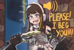  1girl armband blush brown_eyes brown_hair clothes_around_waist cowboy_shot crying crying_with_eyes_open english_commentary english_text eyebrows_visible_through_hair girls_frontline gloves green_hair highres holding holding_knife holding_weapon jacket jacket_around_waist knife long_hair m4a1_(girls&#039;_frontline) meme multicolored_hair open_mouth pov scarf serjatronic streaked_hair tears teeth upper_teeth walkie-talkie weapon 