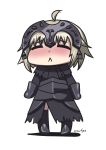  1girl :&lt; =_= ahoge armor bangs black_dress blonde_hair blush chibi closed_eyes closed_mouth diadem dot_nose dress eyebrows_visible_through_hair fate_(series) frown full_body gauntlets highres jeanne_alter kaafi long_sleeves riyo_(lyomsnpmp)_(style) ruler_(fate/apocrypha) sad short_hair signature simple_background solo standing thigh-highs white_background 
