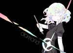  androgynous artist_name black_background character_name diamond_(houseki_no_kuni) elbow_gloves eyebrows_visible_through_hair gleam gloves highres holding holding_sword holding_weapon houseki_no_kuni litsvn looking_at_viewer multicolored_hair necktie rainbow_hair short_hair short_sleeves simple_background smile solo sword upper_body weapon 