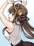  1girl :d ahoge armpits arms_up breasts brown_hair dated gradient gradient_background hairband kantai_collection kongou_(kantai_collection) long_hair looking_at_viewer medium_breasts nontraditional_miko open_mouth sleeveless smile solo tatsumi_rei twitter_username upper_body 