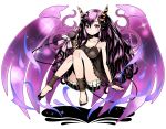  1girl ankle_cuffs arm_support barefoot black_shirt blush breasts cleavage collarbone divine_gate feet full_body grey_shorts hair_between_eyes hair_ornament highres holding horns long_hair medium_breasts nail_polish pink_nails purple_hair purple_wings red_eyes shadow shirt short_shorts shorts simple_background sitting sleeveless sleeveless_shirt smile solo toenail_polish ucmm very_long_hair white_background wings wrist_cuffs 