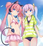  2girls :o animal_ears bangs bare_arms bare_shoulders bat_wings beatmania beatmania_iidx bemani bikini_skirt blue_sky blue_swimsuit blush breasts cat_ear_headphones cat_ears character_request closed_mouth clouds collarbone commentary_request cowboy_shot day demon_tail eyebrows_visible_through_hair fang_out food groin hair_between_eyes hair_ornament halter_top halterneck headphones holding holding_food hot_dog kyuukon_(qkonsan) looking_at_viewer mini_wings multiple_girls nagisa_(bemani) navel one-piece_swimsuit outdoors parted_lips pink_hair short_sleeves sidelocks sky small_breasts smile striped_bikini_top striped_hoodie swimsuit swimsuit_under_clothes tail twintails v wings 