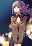  1girl ahoge backlighting bangs black_skirt blazer blurry blurry_background blush breasts brown_jacket fate/stay_night fate_(series) hair_ribbon jacket long_hair long_sleeves looking_away looking_to_the_side matou_sakura medium_breasts neck_ribbon oshio_(dayo) own_hands_together parted_lips pink_ribbon purple_hair red_ribbon ribbon school_uniform skirt solo tareme upper_body v_arms 