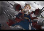  1girl aircraft airplane azur_lane blonde_hair blue_eyes breath cannon cape commentary_request gloves hair_ornament hood_(azur_lane) long_hair long_sleeves machinery nanahara_fuyuki outdoors turret white_gloves 