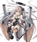  1girl azur_lane bare_shoulders black_bow blue_eyes bow chains character_request commentary_request detached_sleeves doran_(dorannomai) gloves grey_hair hair_between_eyes hair_bow highres long_hair looking_at_viewer mechanical_halo simple_background very_long_hair white_background white_gloves 