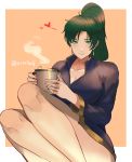  1girl absurdres bare_legs blush breasts cup dotentity fire_emblem fire_emblem:_rekka_no_ken green_eyes green_hair high_ponytail highres large_breasts legs long_hair looking_at_viewer lyndis_(fire_emblem) naked_shirt ponytail shirt sitting smile solo 