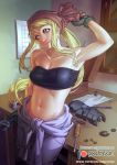  1girl armpits bandanna bare_shoulders blonde_hair breasts cleavage clothes_around_waist collarbone earrings fullmetal_alchemist gloves hammer jewelry nail navel screw screwdriver shiny shiny_skin solo stomach strapless table tubetop winry_rockbell worktool wrench xong 