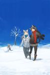  3girls :o animal_ears black_hair clouds coat dress miniskirt mittens mountain multiple_girls original pantyhose pleated_skirt scarf silver_hair skirt sky snow snowball tail tommy830219 tree winter 