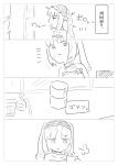  1girl :&lt; absurdres bare_shoulders breath collarbone comic fate/grand_order fate/hollow_ataraxia fate_(series) frown greyscale hairband highres lolita_hairband messy_hair monochrome no_nose note shiromi_(15741279) sketch smile solo stheno strapless translation_request twintails upper_body white_background 