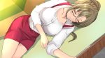  1girl breasts brown_hair closed_eyes facing_viewer glasses highres large_breasts lying miracle_hoshi on_side original ponytail red_skirt skirt 