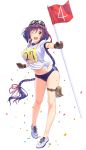  1girl ;d braid breasts brown_gloves clenched_hands confetti formation_girls full_body gloves goggles goggles_on_head hachimaki hair_ribbon headband highres holding_flag large_breasts long_hair looking_at_viewer midriff navel nina_pawlenko official_art one_eye_closed open_mouth purple_hair ribbon shoes short_sleeves single_braid smile sneakers solo tenkuu_nozora track_uniform very_long_hair 
