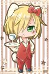  1boy :&lt; animal_ears big_cat_shan blonde_hair bow cat_ears cat_tail chibi cosplay cup drinking_glass green_eyes hair_bow hair_over_one_eye hand_on_hip hello_kitty hello_kitty_(cosplay) male_focus sanrio striped striped_background tail tray waistcoat wine_glass yuri!!!_on_ice yuri_plisetsky 
