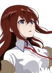  1girl bangs blue_eyes brown_jacket collared_shirt commentary_request hair_between_eyes hoshizaki_reita jacket long_hair long_sleeves looking_afar makise_kurisu necktie off_shoulder parted_lips red_neckwear redhead shirt simple_background solo steins;gate white_background white_shirt 