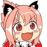  &gt;:3 &gt;:d 1girl :3 :d animal_ears bangs bare_shoulders blush_stickers chibi drawfag eyebrows_visible_through_hair face fangs fur_collar gyate_gyate looking_at_viewer manticore_(monster_girl_encyclopedia) monster_girl monster_girl_encyclopedia open_mouth pink_hair ponytail red_eyes simple_background smile solo white_background wings 
