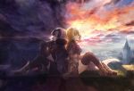  2girls armor armored_boots artist_name black_legwear blonde_hair blue_eyes boots capelet closed_mouth clouds cloudy_sky dated day fate/apocrypha fate_(series) faulds from_side fur_trim gauntlets grey_hair headpiece highres jeanne_alter long_hair mashu_003 multiple_girls night outdoors purple_legwear revision ruler_(fate/apocrypha) scenery signature sitting sky symmetry thigh-highs twitter_username yellow_eyes 