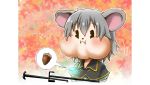  1girl acorn animal_ears chamaji commentary_request dowsing_rod eyebrows_visible_through_hair full_mouth grey_hair hair_between_eyes jewelry mouse_ears nazrin necklace puffed_cheeks puffy_short_sleeves puffy_sleeves short_hair short_sleeves solo speech_bubble touhou 