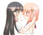  2girls :o bangs black_hair blouse blunt_bangs blush breasts closed_mouth commentary_request eye_contact eyebrows_visible_through_hair flower from_side gochuumon_wa_usagi_desu_ka? green_eyes hair_flower hair_ornament hand_on_another&#039;s_arm heart hoto_cocoa hoto_cocoa&#039;s_school_uniform long_hair looking_at_another multiple_girls open_mouth orange_hair plaid_sailor_collar qutori red_sailor_collar sailor_collar school_uniform serafuku short_sleeves sidelocks simple_background small_breasts smile ujimatsu_chiya violet_eyes white_background white_blouse white_flower yuri 