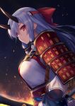  1girl armor embers fate/grand_order fate_(series) fire fukai_ryousuke hair_between_eyes hair_ribbon headband japanese_armor japanese_clothes katana kimono long_hair looking_to_the_side oni_horns red_eyes red_ribbon ribbon sidelocks signature silver_hair slit_pupils sode solo sword tomoe_gozen_(fate/grand_order) weapon white_kimono 