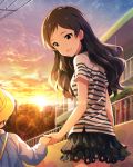  1girl artist_request child hand_holding hat idolmaster idolmaster_million_live! idolmaster_million_live!_theater_days kindergarten_uniform kitazawa_shiho long_hair looking_at_another official_art open_mouth school_hat shirt short_sleeves skirt smile solo_focus striped striped_shirt sunlight sunset tree 