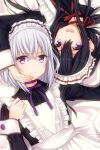  2boys :d ahoge alternate_costume apron black_hair crossdressinging enmaided from_above hand_on_another&#039;s_cheek hand_on_another&#039;s_face honebami_toushirou lying maid maid_headdress male_focus multiple_boys namazuo_toushirou on_back open_mouth rayn smile touken_ranbu violet_eyes white_hair 