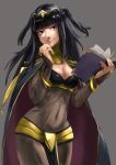  1girl bangs black_bodysuit black_hair blue_eyes blunt_bangs bodysuit book breasts bridal_gauntlets cape cleavage cleavage_cutout closed_mouth covered_navel cowboy_shot fire_emblem fire_emblem:_kakusei highres long_hair looking_at_viewer medium_breasts open_book pelvic_curtain smile solo tharja tiara two_side_up yasaidon 