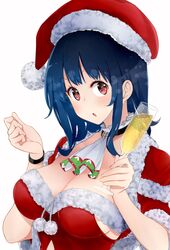  1girl alternate_costume amami_amayu black_wristband blue_hair blush breasts christmas cleavage collarbone cropped_jacket cup detached_collar drinking_glass eyebrows_visible_through_hair fur_trim jacket kantai_collection large_breasts looking_at_viewer open_mouth red_eyes red_jacket santa_costume simple_background solo takao_(kantai_collection) upper_body white_background white_neckwear wine_glass 