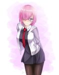  1girl black_legwear blush breasts closed_mouth dated eyebrows_visible_through_hair fate/grand_order fate_(series) glasses hair_over_one_eye highres large_breasts looking_at_viewer pantyhose pink_hair red_neckwear rj_xiii shielder_(fate/grand_order) short_hair signature smile solo violet_eyes 