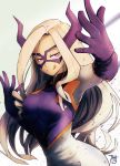 1girl :p bangs blonde_hair bodysuit boku_no_hero_academia breasts domino_mask fighting_stance gloves half-closed_eyes highres horns licking_lips long_hair looking_at_viewer mask mount_lady parted_bangs pose skin_tight skindentation smile solo stefv tongue tongue_out upper_body very_long_hair violet_eyes white_background 