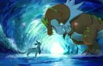  cave commentary_request day from_side glaceon highres kamemaru looking_at_another looking_down looking_up no_humans pokemon profile sharp_teeth standing teeth tyrantrum 
